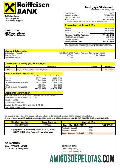 Declaração de hipoteca do Banco Raiffeisen da Bulgária Scr exemplo real